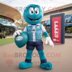 Teal Rugby Ball mascot costume character dressed with a Capri Pants and Pocket squares