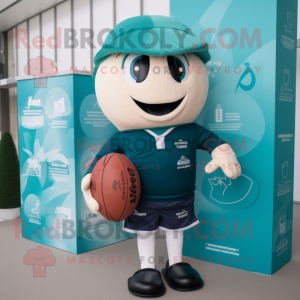Teal Rugby Ball mascot costume character dressed with a Capri Pants and Pocket squares