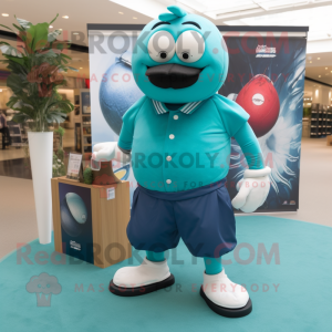 Teal Rugby Ball mascot costume character dressed with a Capri Pants and Pocket squares