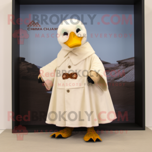 Cream Muscovy Duck mascot costume character dressed with a Parka and Shawls