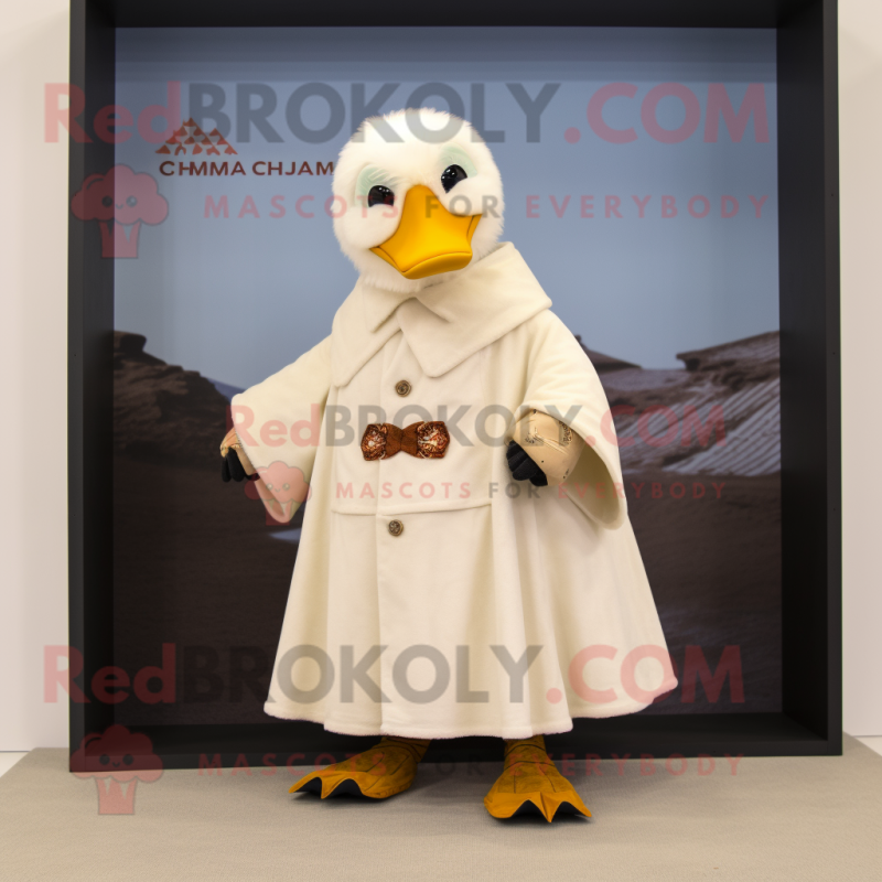 Cream Muscovy Duck mascot costume character dressed with a Parka and Shawls Cream Muscovy Duck mascot costume character dressed with a Parka and Shawls