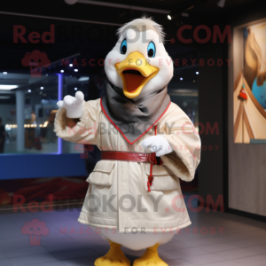 Cream Muscovy Duck mascot costume character dressed with a Parka and Shawls