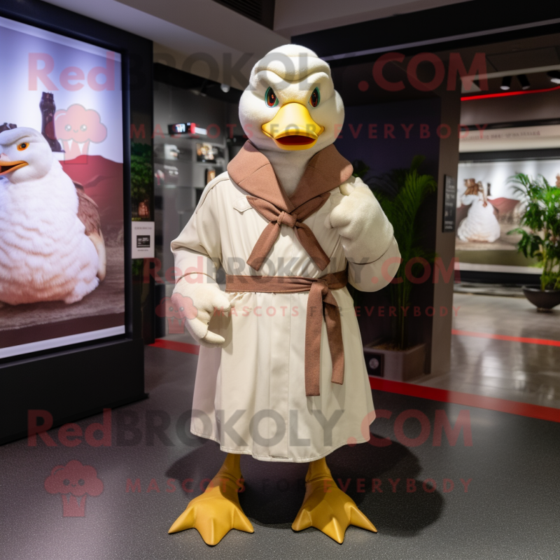 Cream Muscovy Duck mascot costume character dressed with a Parka and Shawls Cream Muscovy Duck mascot costume character dressed with a Parka and Shawls