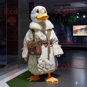 Cream Muscovy Duck mascot costume character dressed with a Parka and Shawls