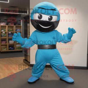 Turquoise Ninja mascot costume character dressed with a Coat and Bow ties