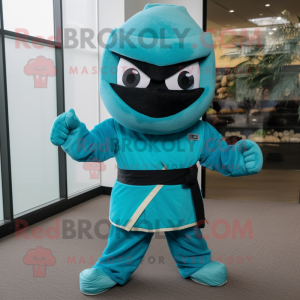 Turquoise Ninja mascot costume character dressed with a Coat and Bow ties