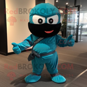 Turquoise Ninja mascot costume character dressed with a Coat and Bow ties