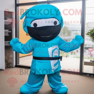 Turquoise Ninja mascot costume character dressed with a Coat and Bow ties