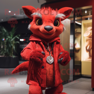 Red Chupacabra mascot costume character dressed with a Coat and Bracelets