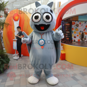 Gray Shakshuka mascot costume character dressed with a Jumpsuit and Keychains