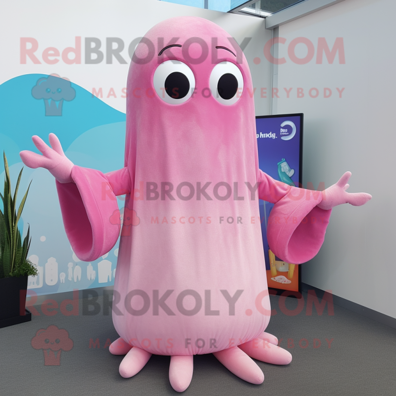 Pink Squid mascot costume character dressed with a Maxi Dress and Mittens Pink Squid mascot costume character dressed with a Maxi Dress and Mittens