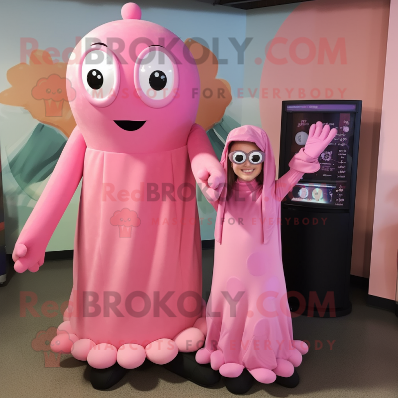 Pink Squid mascot costume character dressed with a Maxi Dress and Mittens Pink Squid mascot costume character dressed with a Maxi Dress and Mittens