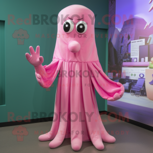 Pink Squid mascot costume character dressed with a Maxi Dress and Mittens