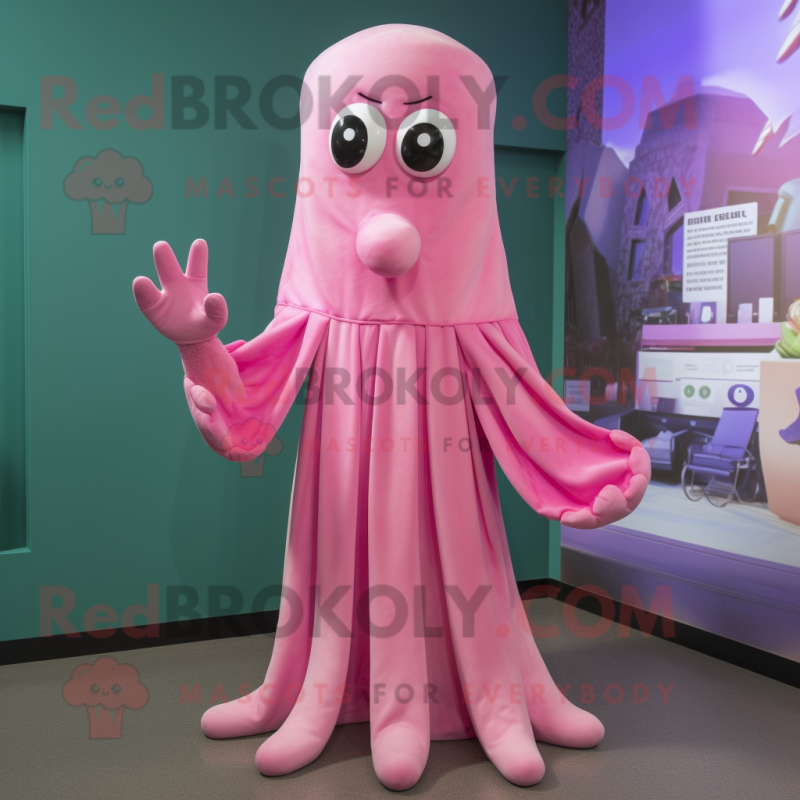 Pink Squid mascot costume character dressed with a Maxi Dress and Mittens Pink Squid mascot costume character dressed with a Maxi Dress and Mittens