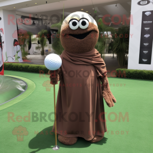 Brown Golf Ball mascot costume character dressed with a Maxi Dress and Shawl pins