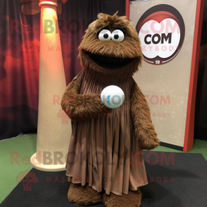 Brown Golf Ball mascot costume character dressed with a Maxi Dress and Shawl pins