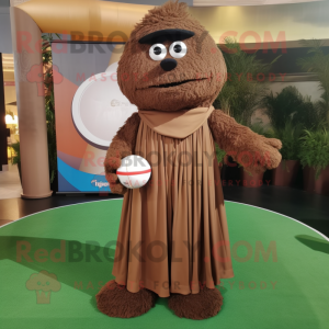 Brown Golf Ball mascot costume character dressed with a Maxi Dress and Shawl pins