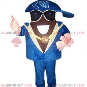 Mascotte rapper con un bellissimo vestito blu e un berretto -