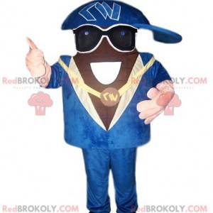 Rapper mascot with a beautiful blue suit and a cap -