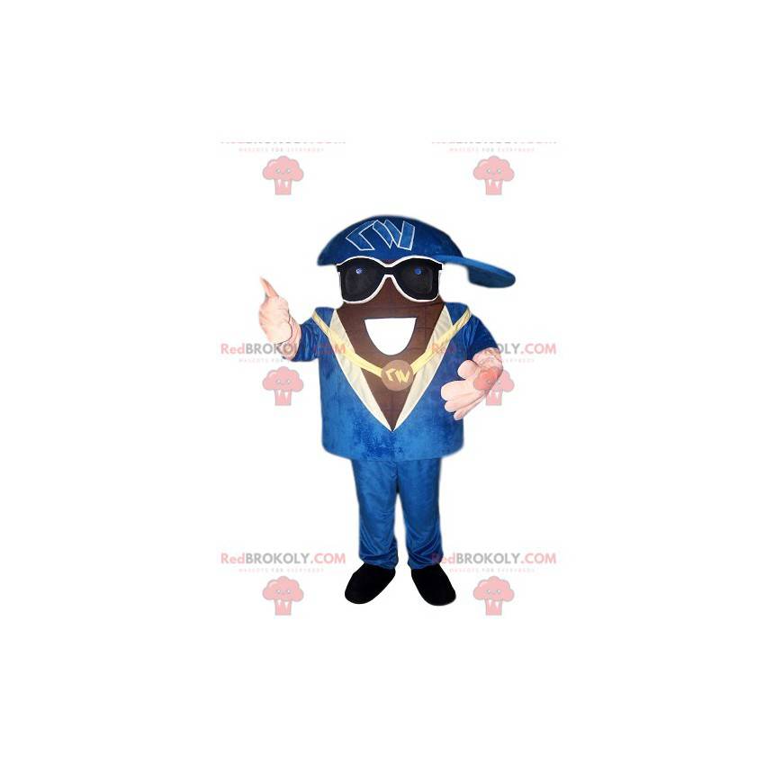 Rapper mascot with a beautiful blue suit and a cap -