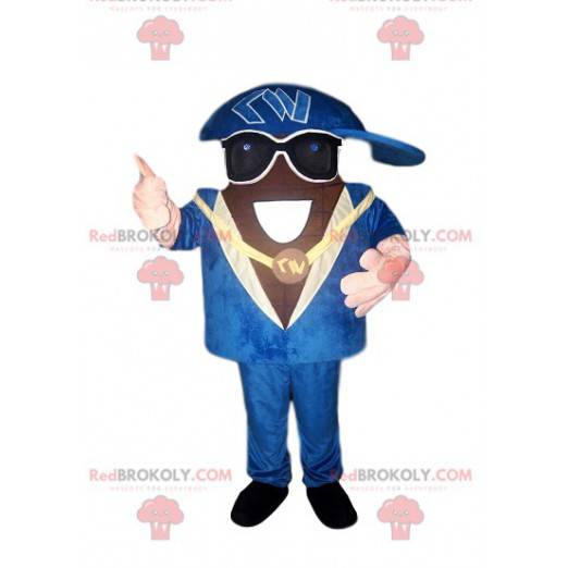 Mascotte de rappeur avec un beau costume bleu et une casquette