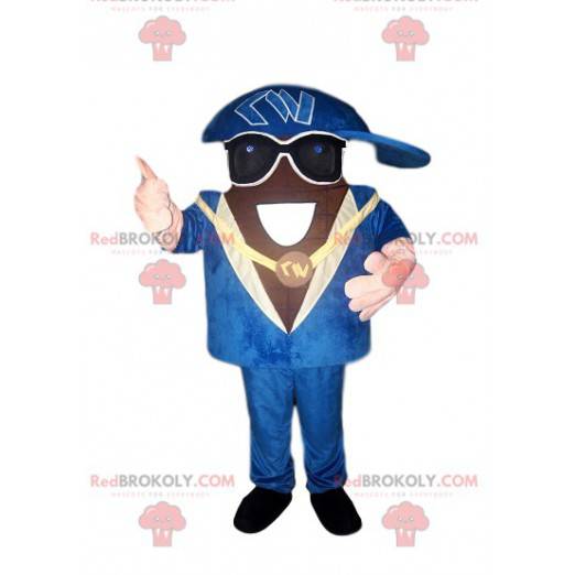 Rapper Maskottchen mit einem schönen blauen Anzug und einer