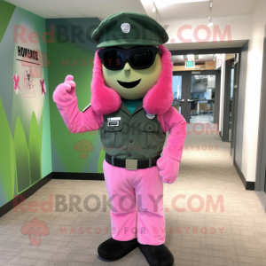 Pink Green Beret mascot costume character dressed with a Jeggings and Hat pins