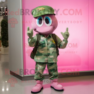 Pink Green Beret mascot costume character dressed with a Jeggings and Hat pins