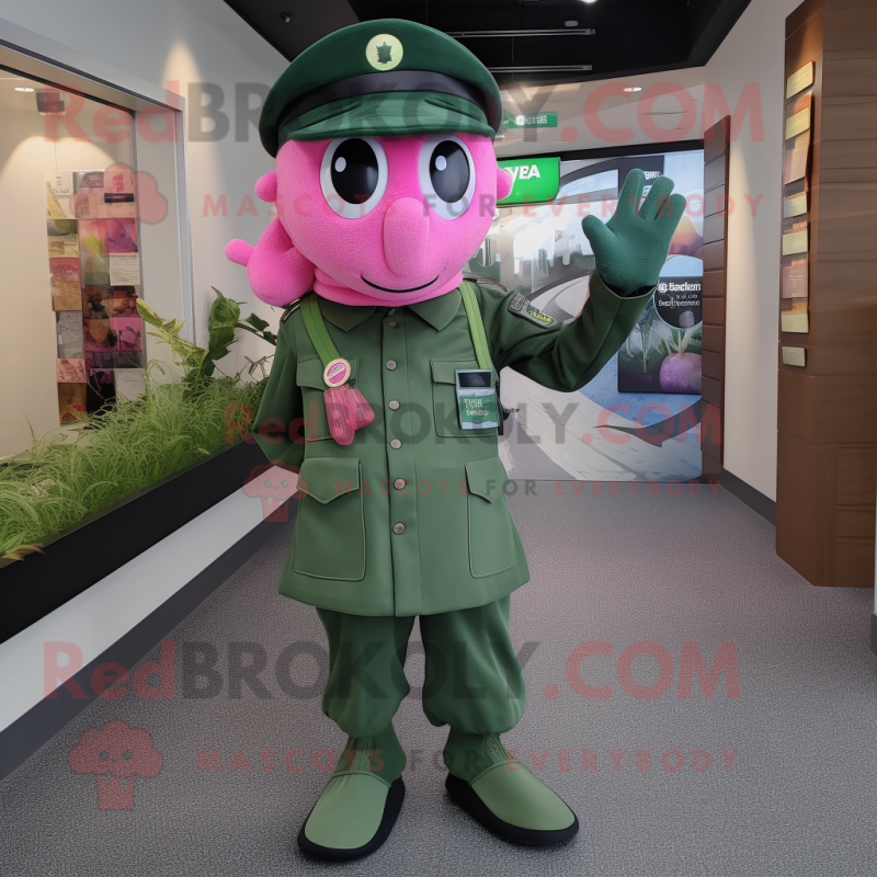 Pink Green Beret mascot costume character dressed with a Jeggings and Hat pins Pink Green Beret mascot costume character dressed with a Jeggings and Hat pins
