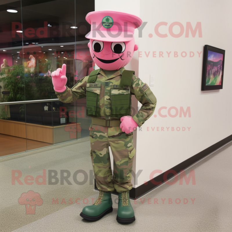 Pink Green Beret mascot costume character dressed with a Jeggings and Hat pins Pink Green Beret mascot costume character dressed with a Jeggings and Hat pins