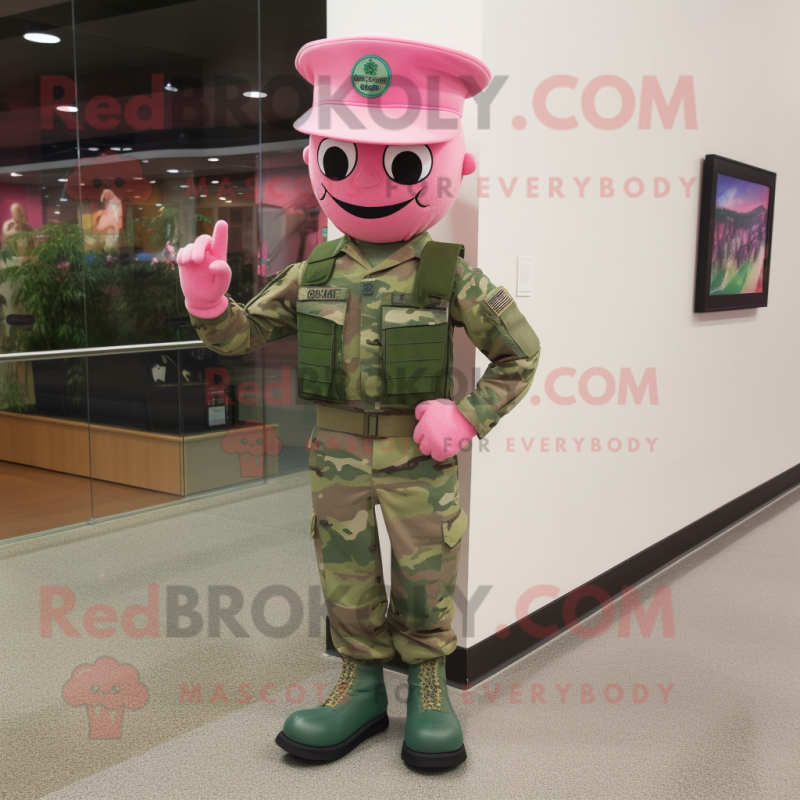 Pink Green Beret mascot costume character dressed with a Jeggings and Hat pins