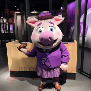 Purple Pig mascot costume character dressed with a Pencil Skirt and Earrings