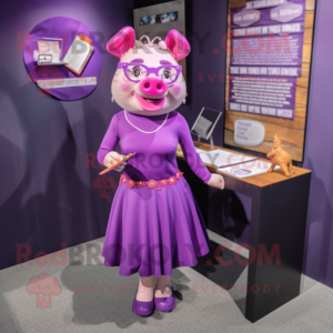 Purple Pig mascot costume character dressed with a Pencil Skirt and Earrings