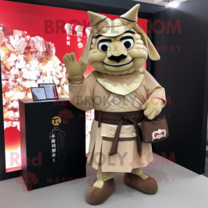 Beige Samurai mascot costume character dressed with a Shift Dress and Wallets