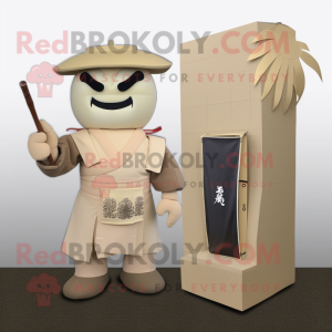 Beige Samurai mascot costume character dressed with a Shift Dress and Wallets