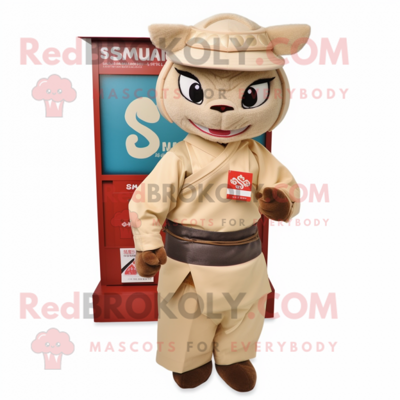 Beige Samurai mascot costume character dressed with a Shift Dress and Wallets