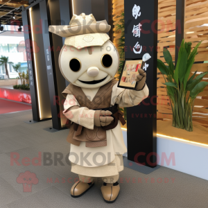 Beige Samurai mascot costume character dressed with a Shift Dress and Wallets