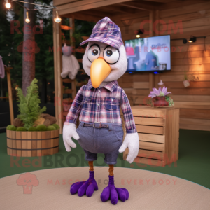 Purple Turkey mascot costume character dressed with a Flannel Shirt and Hairpins