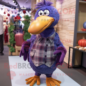 Purple Turkey mascot costume character dressed with a Flannel Shirt and Hairpins