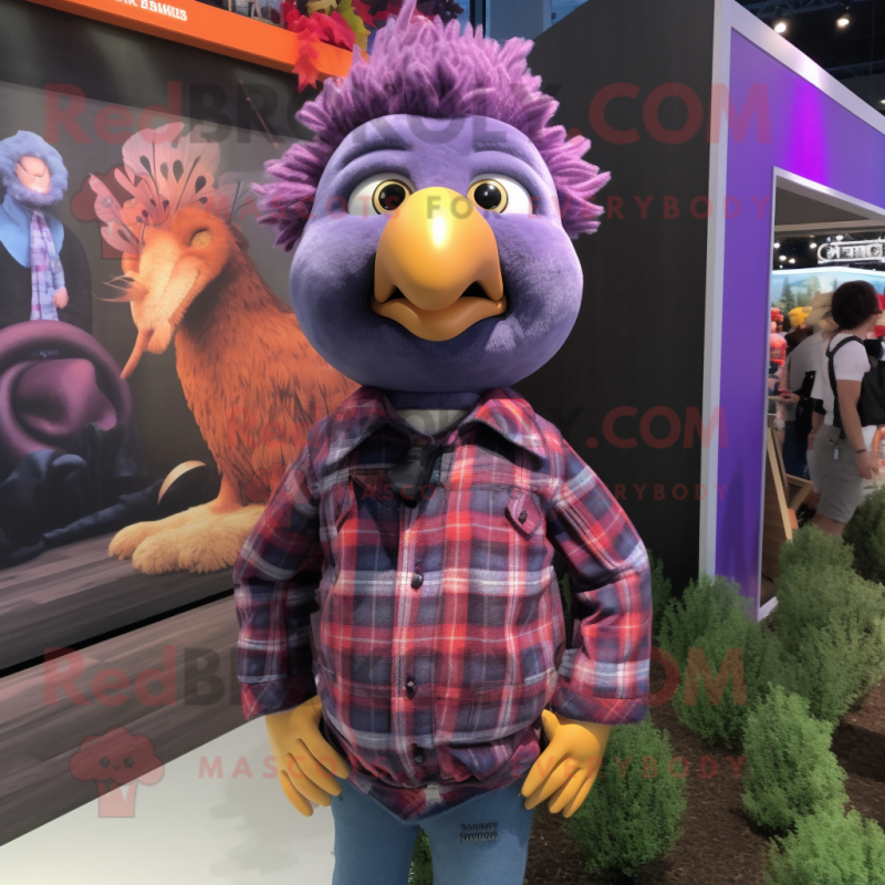 Purple Turkey mascot costume character dressed with a Flannel Shirt and Hairpins