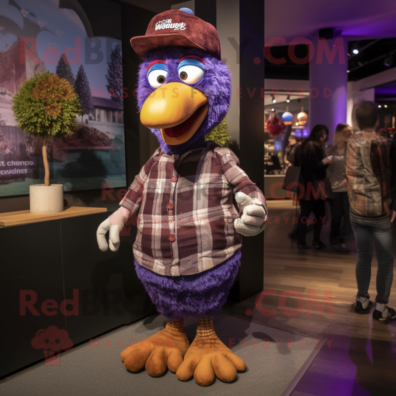 Purple Turkey mascot costume character dressed with a Flannel Shirt and Hairpins