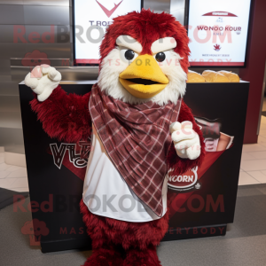 Maroon Fried Chicken mascot costume character dressed with a V-Neck Tee and Scarves