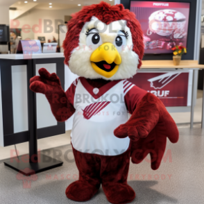 Maroon Fried Chicken mascot costume character dressed with a V-Neck Tee and Scarves