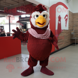 Maroon Fried Chicken mascot costume character dressed with a V-Neck Tee and Scarves