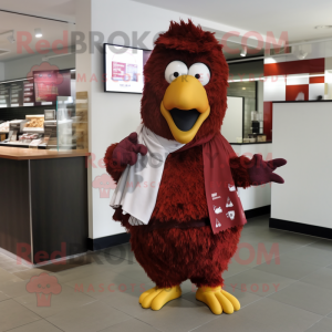 Maroon Fried Chicken mascot costume character dressed with a V-Neck Tee and Scarves