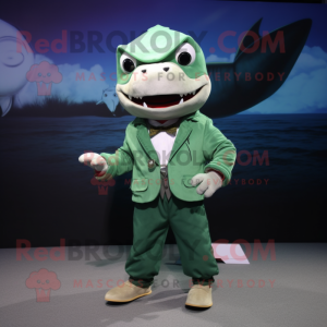 Green Shark mascot costume character dressed with a Parka and Bow ties