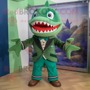 Green Shark mascot costume character dressed with a Parka and Bow ties