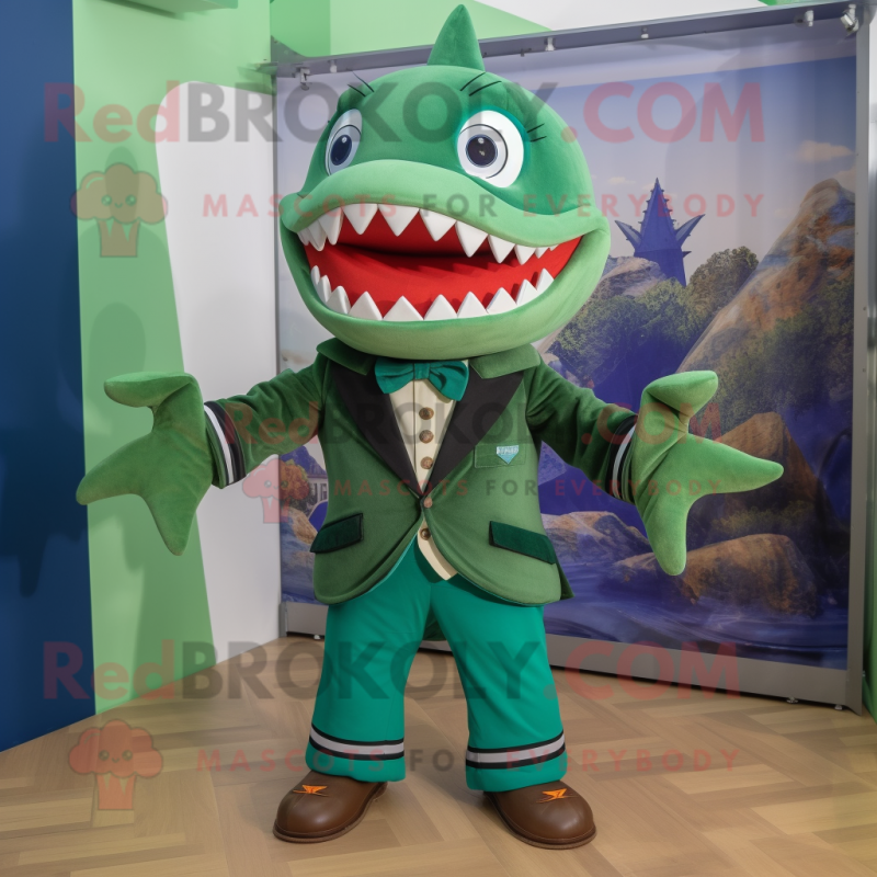Green Shark mascot costume character dressed with a Parka and Bow ties Green Shark mascot costume character dressed with a Parka and Bow ties