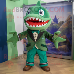 Green Shark mascot costume character dressed with a Parka and Bow ties