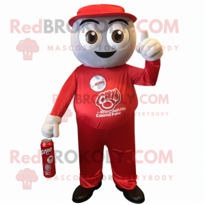 Red Soda Can mascot costume character dressed with a Button-Up Shirt and Wraps